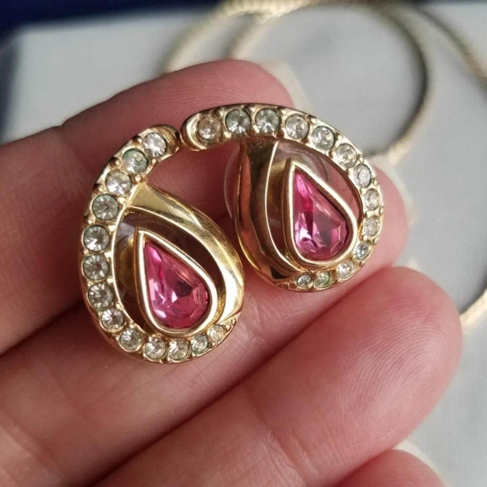 AUTHENTIC Swarovski 24k Gold Plated Pink Teardrop Earrings Vintage RARE
